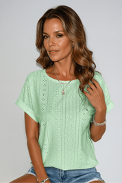 Camille Rosemont | White Eyelet Embroidered Crew Neck Short Sleeve Top