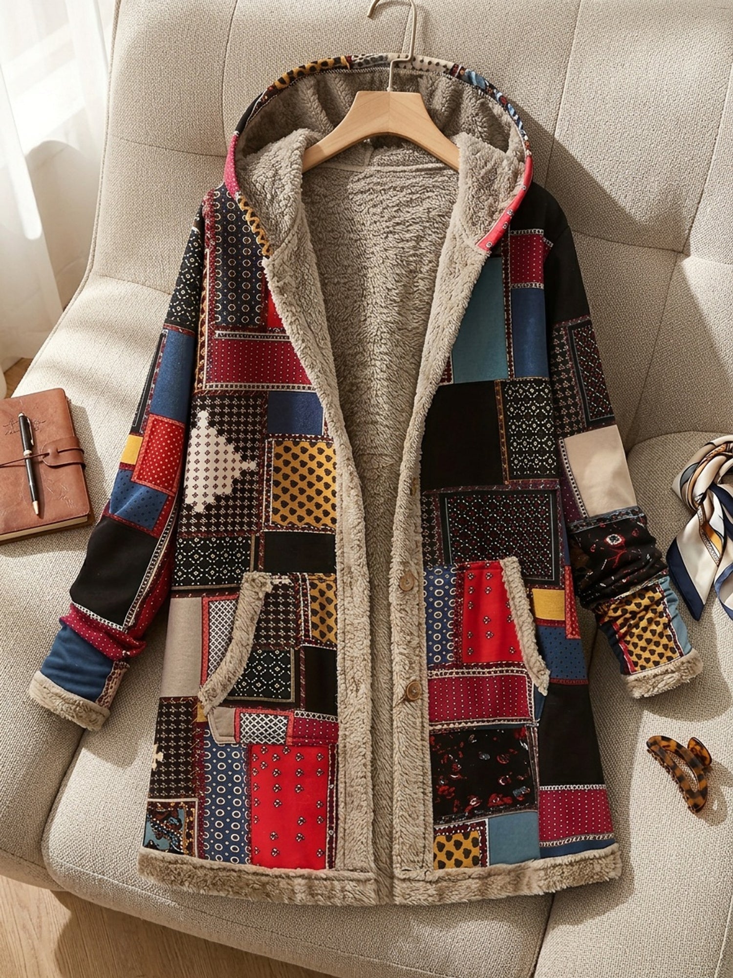 Noa Bergerac | Patchwork Hooded Longline Jacket For Women