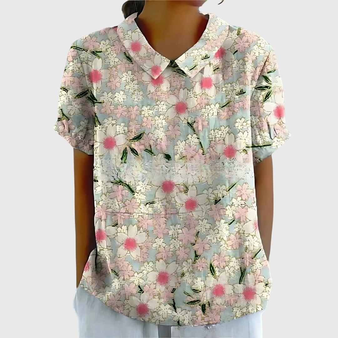 Éloise Fairverne | Green Floral Print Short Sleeve Blouse