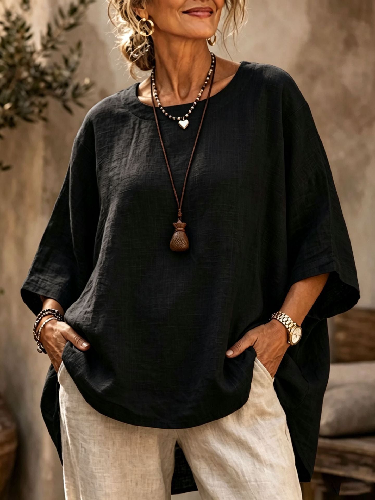 Cecile Fontainebleau | Relaxed Linen-Blend Crew Neck Top For Women