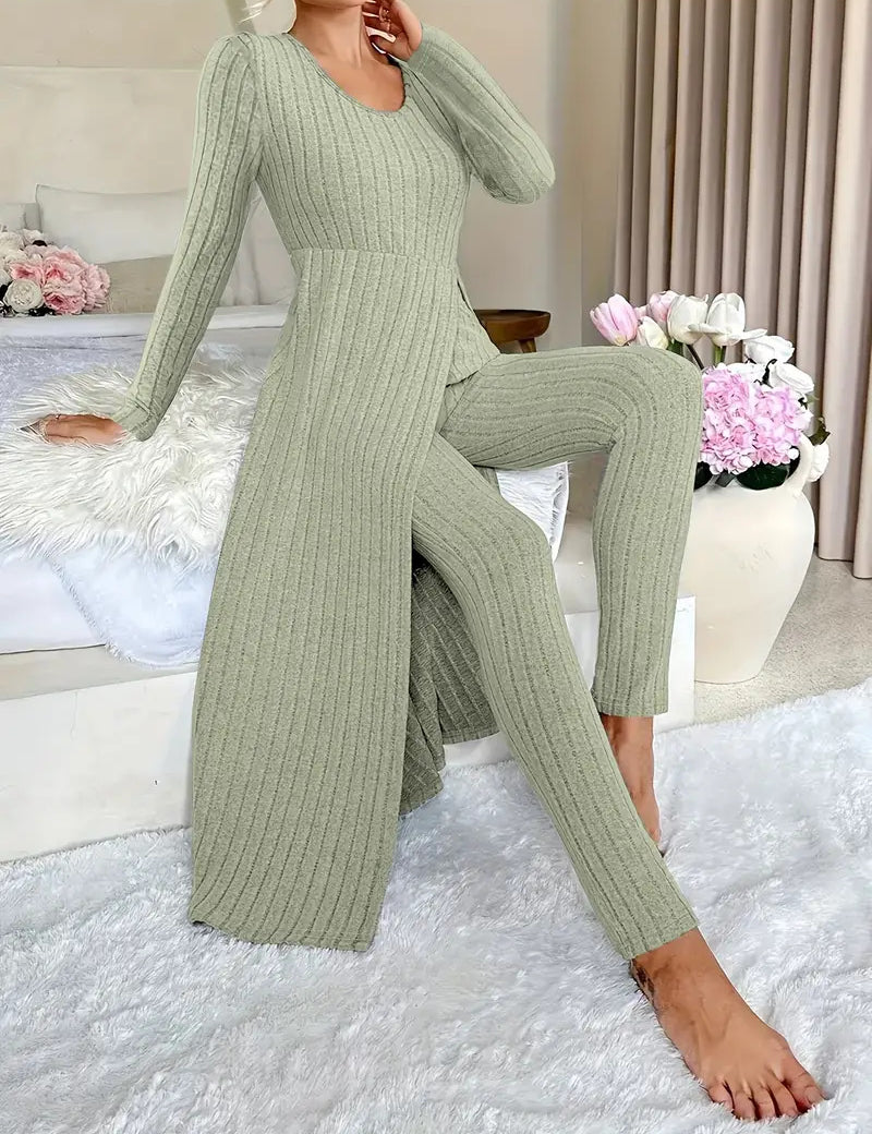 Danielle Castillon | Ribbed Knit Duster Cardigan & Pants Set For Women