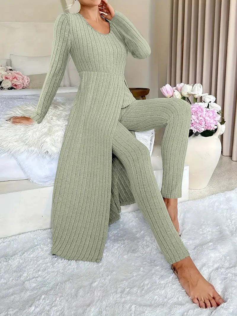 Danielle Castillon | Ribbed Knit Duster Cardigan & Pants Set For Women