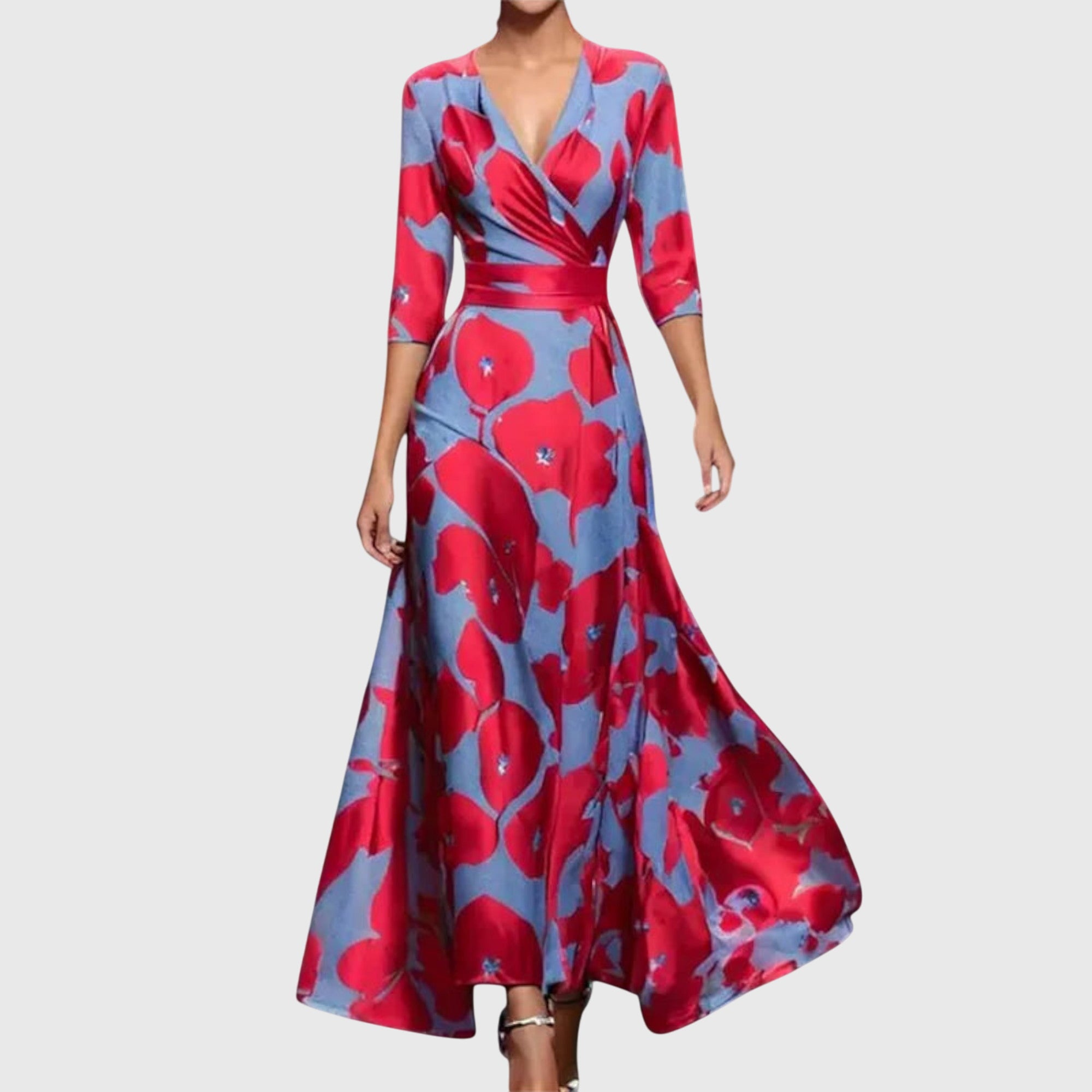 Viviana Ashcourt | Floral Maxi Wrap Dress in Red & Blue