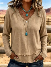 Isabelle Rousseau | Frayed V-Neck Long Sleeve Top For Women