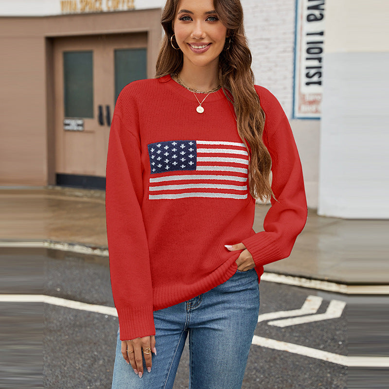 Pauline Courtland | Navy Crew Neck Flag Veterans Day Sweater For Women