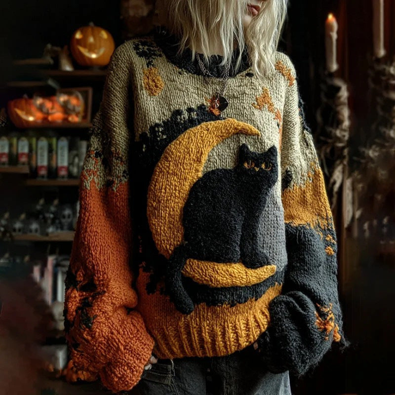 Marceline Duvall | Halloween Cat Print Chunky Knit Sweater For Women
