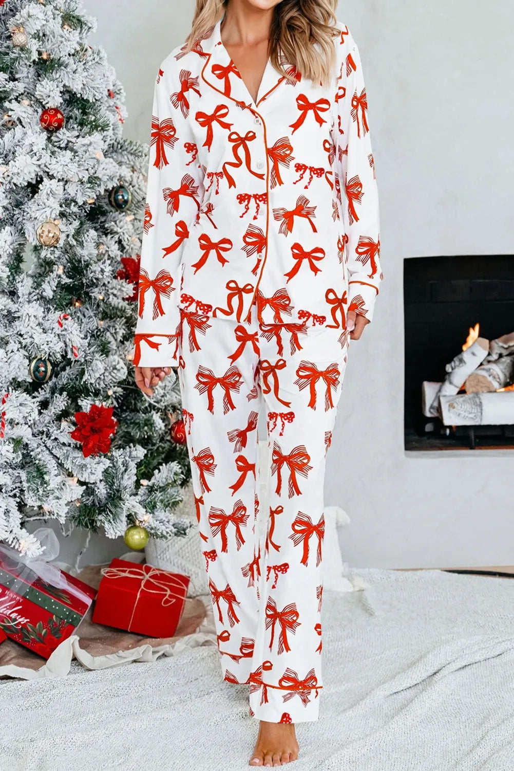 Ribbon Wish | Red Bow Print Christmas Pyjamas For Women