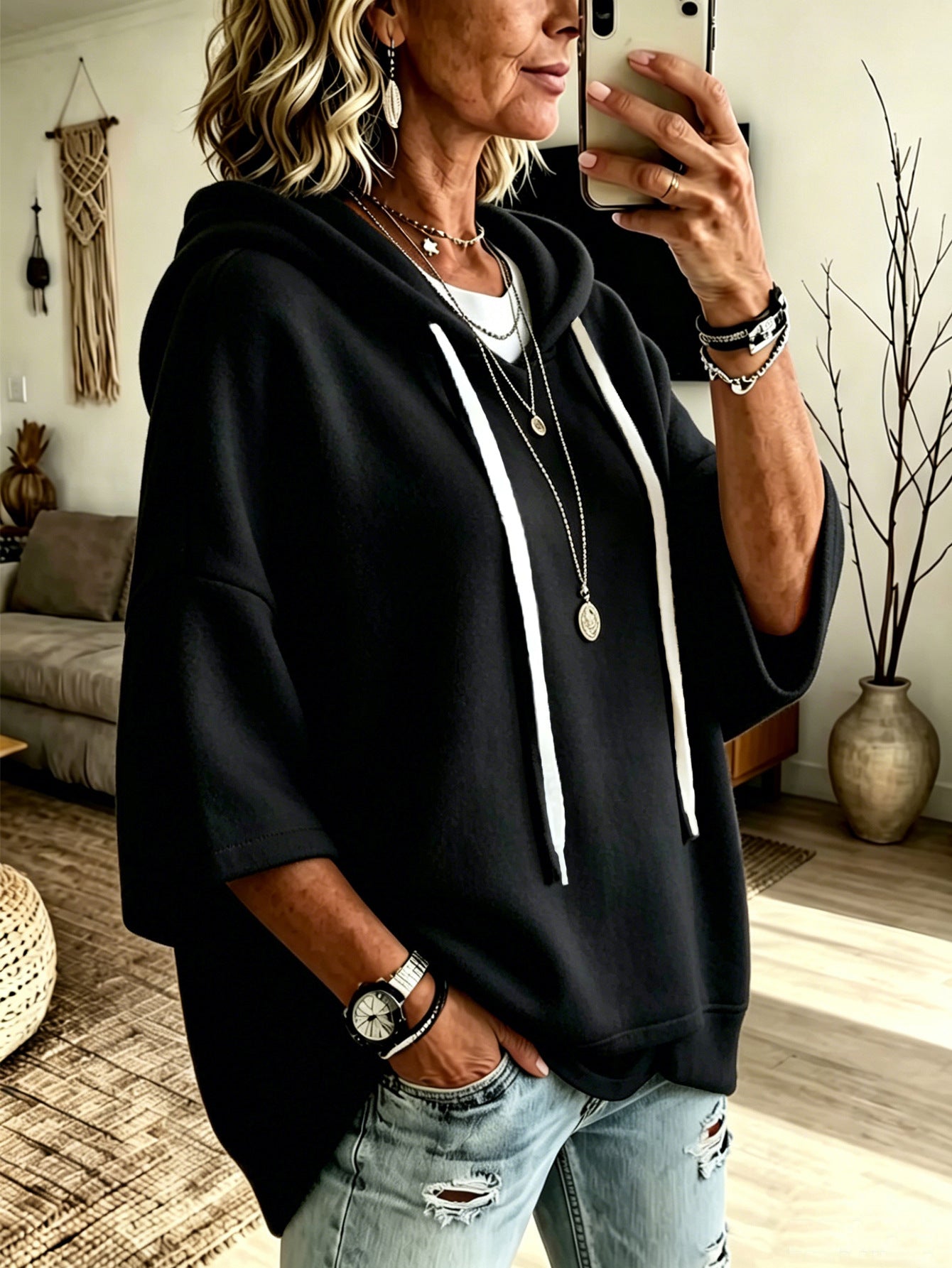 Bridget Calloway | Oversized Fleece Hoodie With 3/4 Sleeves For Women