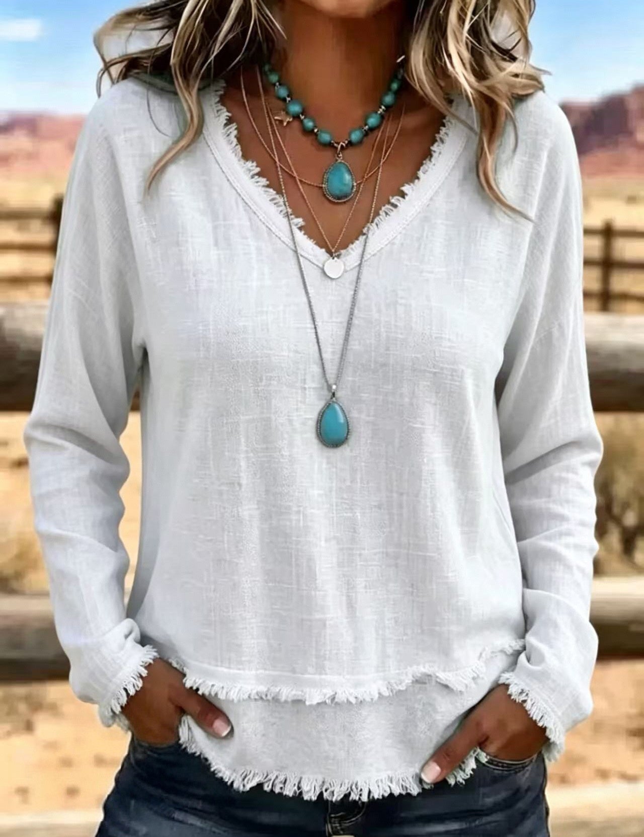 Isabelle Rousseau | Frayed V-Neck Long Sleeve Top For Women