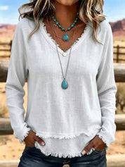 Isabelle Rousseau | Frayed V-Neck Long Sleeve Top For Women