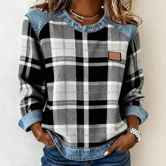Jessie Belwell | Plaid Denim-Look Patchwork Sweatshirt For Women