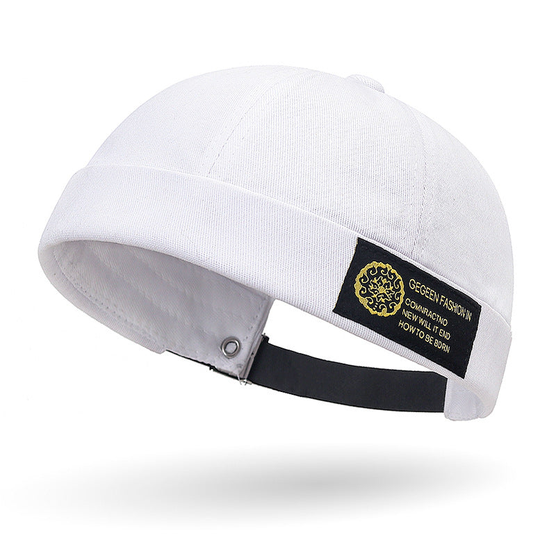 Side Patch Brimless Skull Cap Hat - White