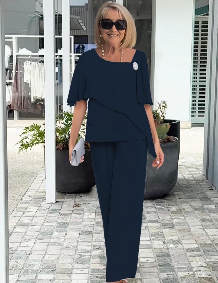 Dorothea Valmontaine | Elegant Blue Chiffon Two-Piece Pants Set