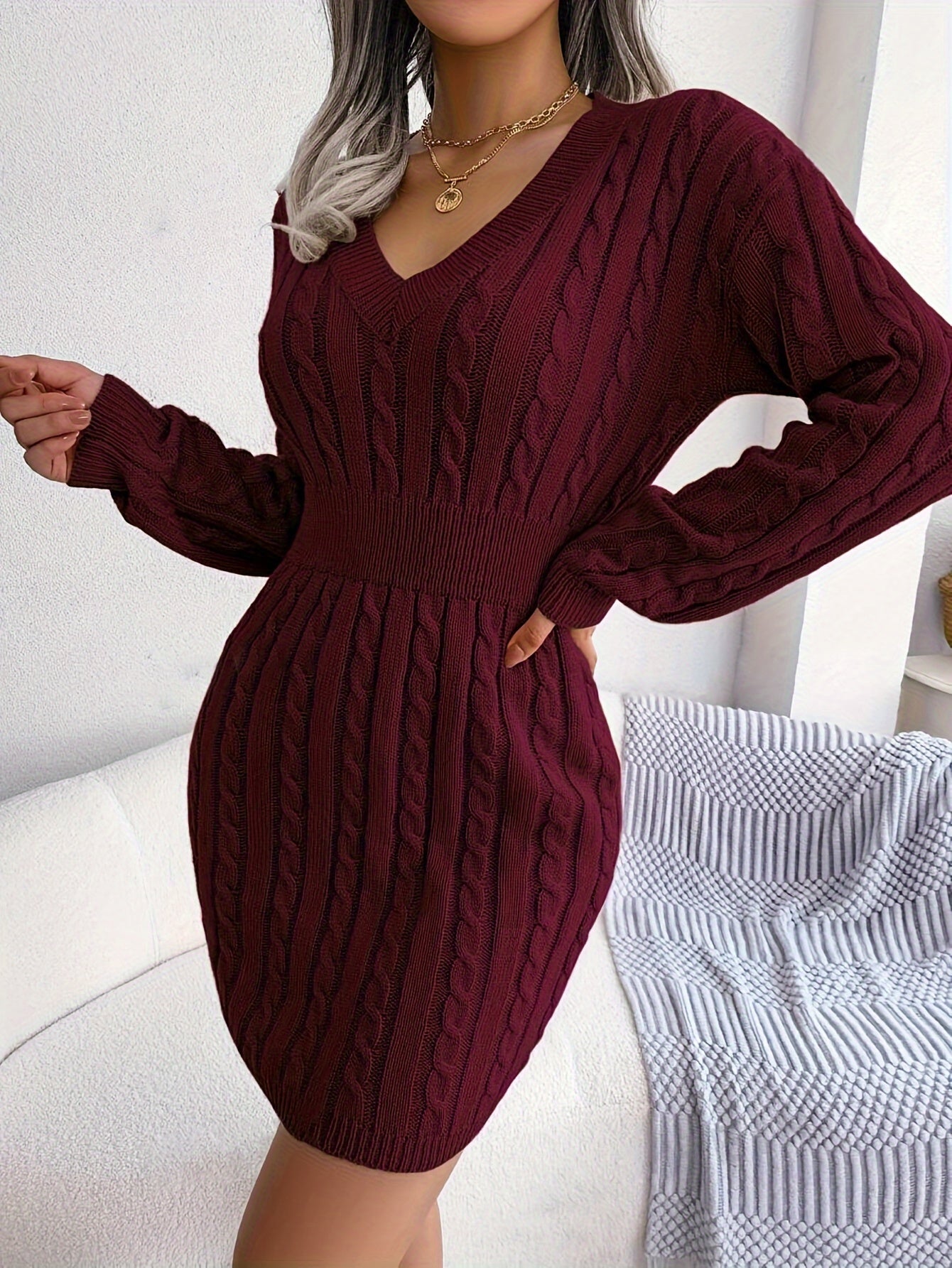 Margot Delahaye | Cable-Knit Peplum Sweater Mini Dress For Women