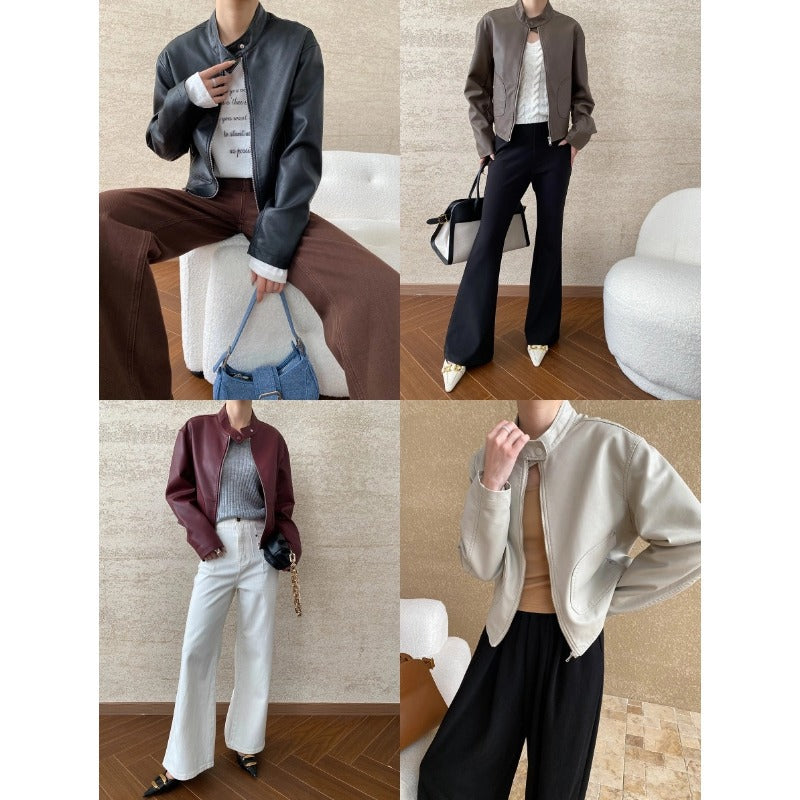 Elodie Marchand | Stand Collar Leather Jacket For Women