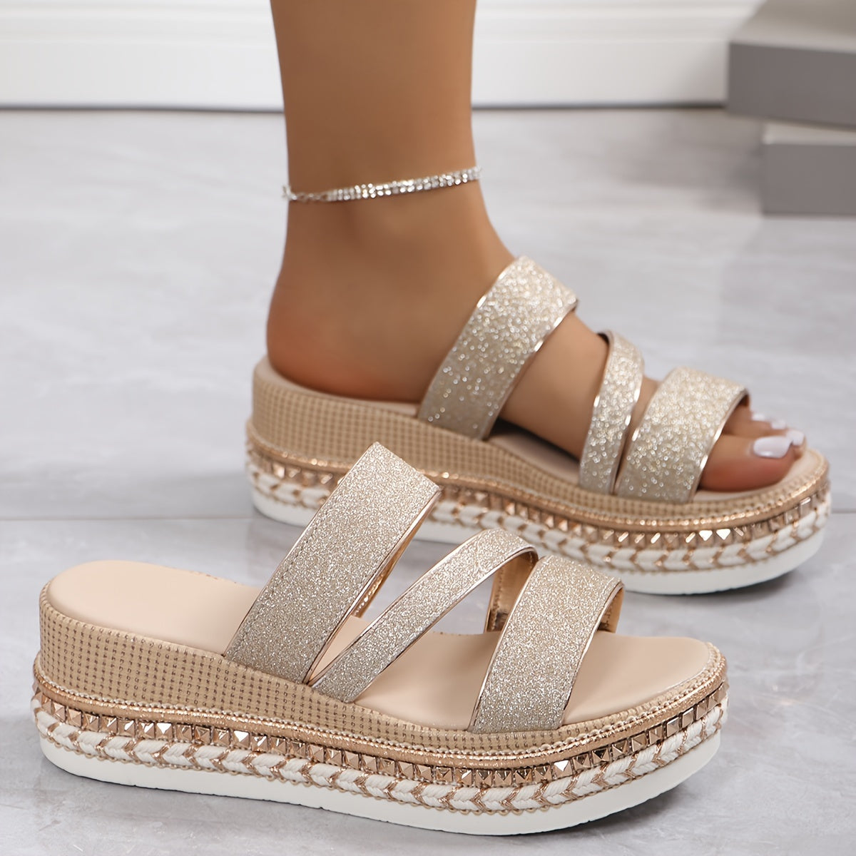 Serena Goldhaven | Glitter Platform Slide Sandals For Women