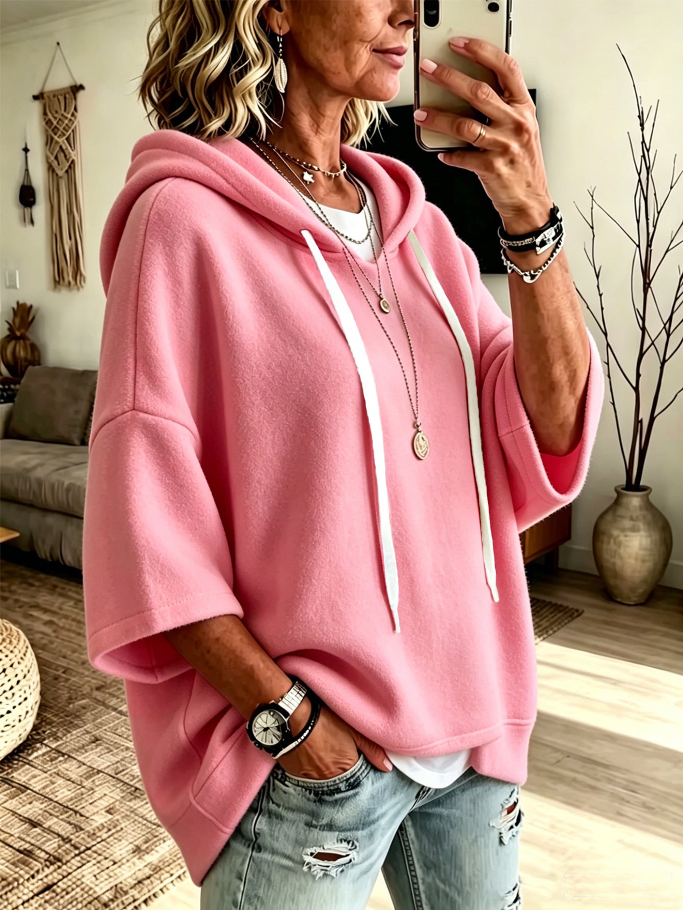Bridget Calloway | Oversized Fleece Hoodie With 3/4 Sleeves For Women
