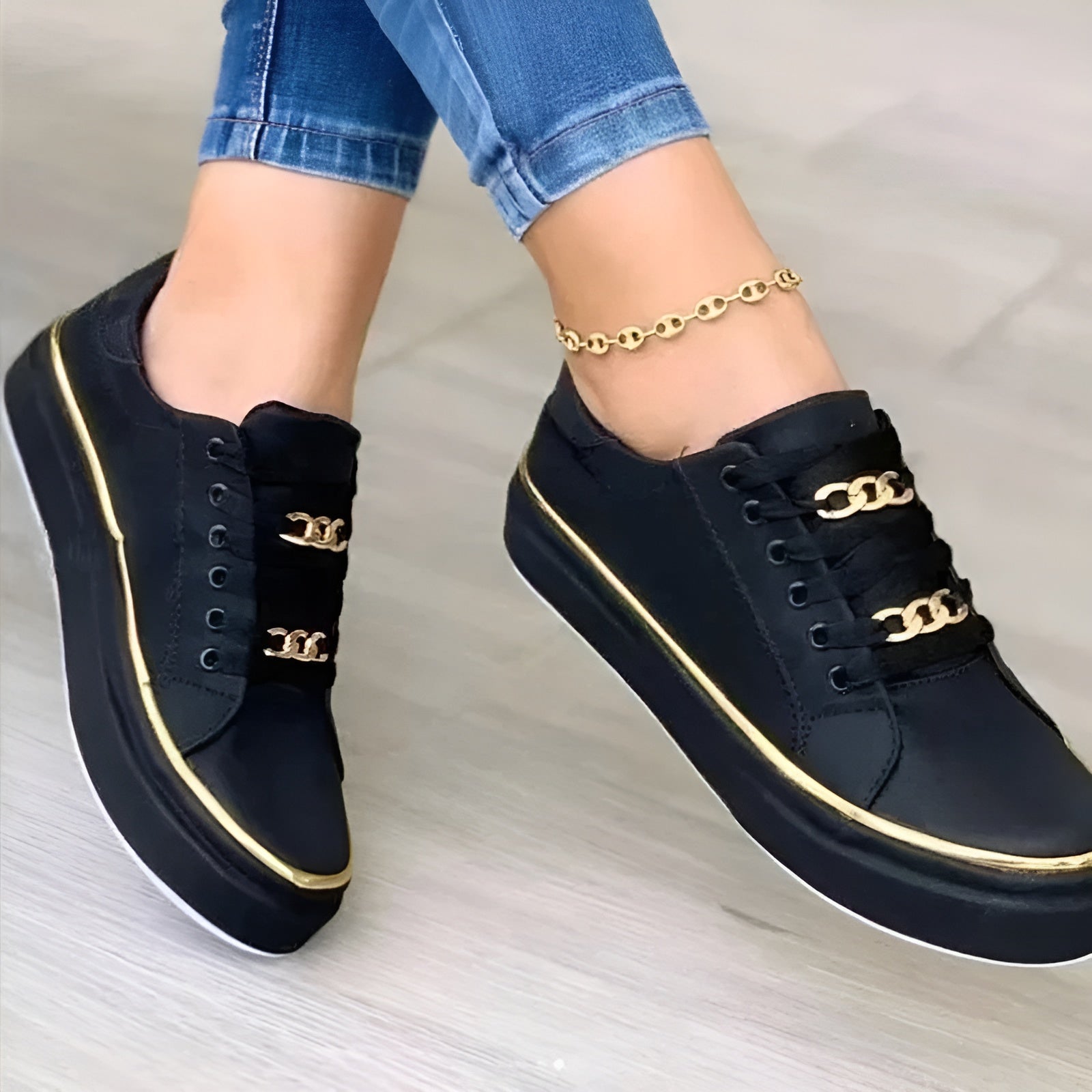 Genevra Whitmore | White Platform Sneakers with Gold Chain Detail