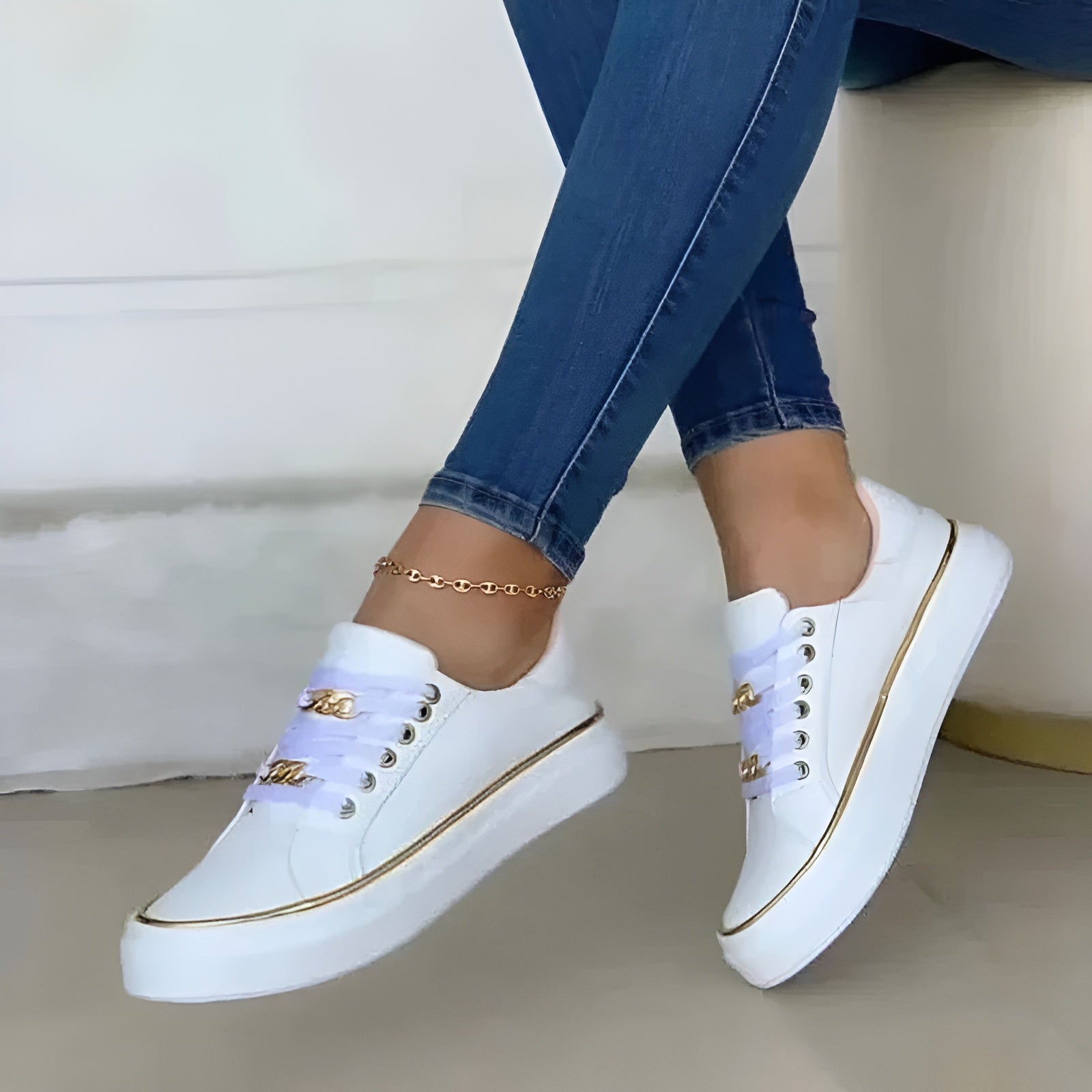 Genevra Whitmore | White Platform Sneakers with Gold Chain Detail