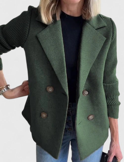 Eleanor Whitmore | Pink Double-Breasted Blazer with Contrast Knit Sleeves