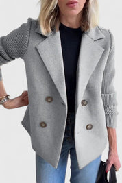 Eleanor Whitmore | Pink Double-Breasted Blazer with Contrast Knit Sleeves