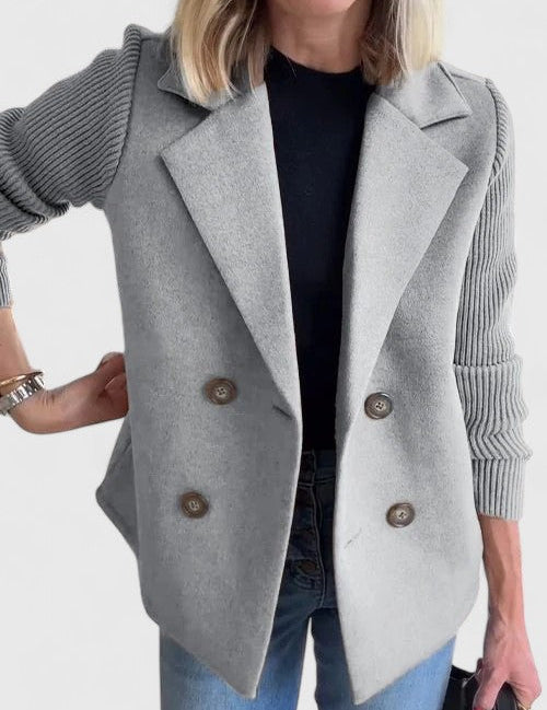 Eleanor Whitmore | Pink Double-Breasted Blazer with Contrast Knit Sleeves