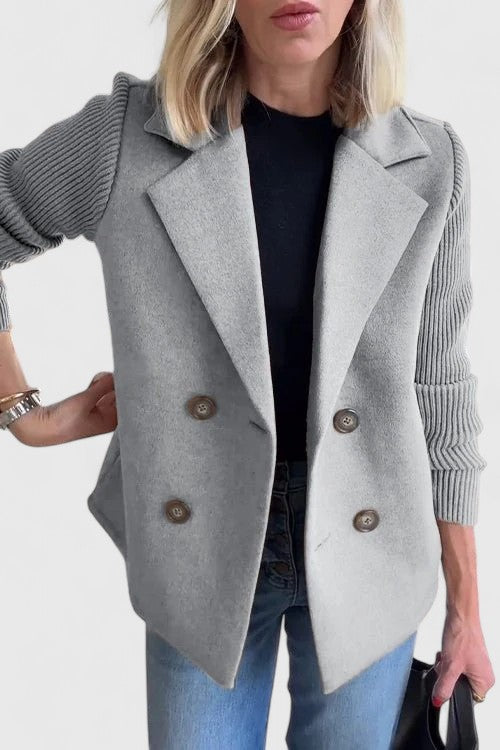 Eleanor Whitmore | Pink Double-Breasted Blazer with Contrast Knit Sleeves