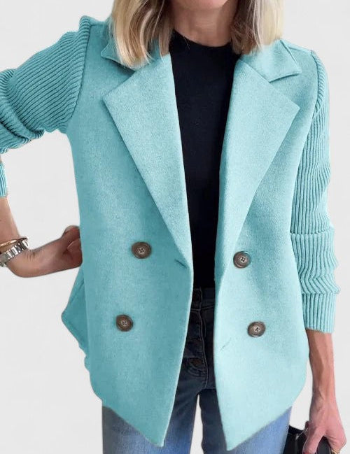 Eleanor Whitmore | Pink Double-Breasted Blazer with Contrast Knit Sleeves