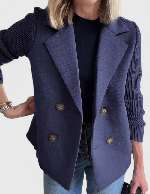 Eleanor Whitmore | Pink Double-Breasted Blazer with Contrast Knit Sleeves