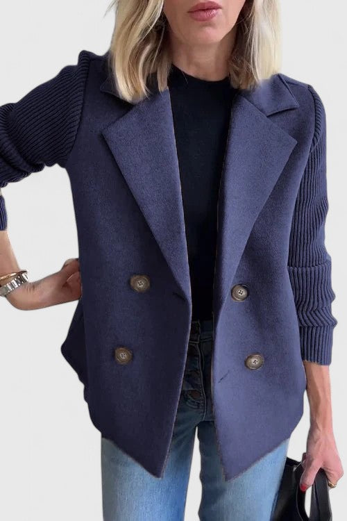 Eleanor Whitmore | Pink Double-Breasted Blazer with Contrast Knit Sleeves