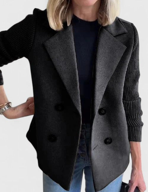 Eleanor Whitmore | Pink Double-Breasted Blazer with Contrast Knit Sleeves
