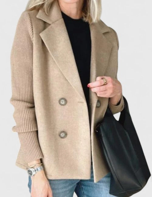 Eleanor Whitmore | Pink Double-Breasted Blazer with Contrast Knit Sleeves