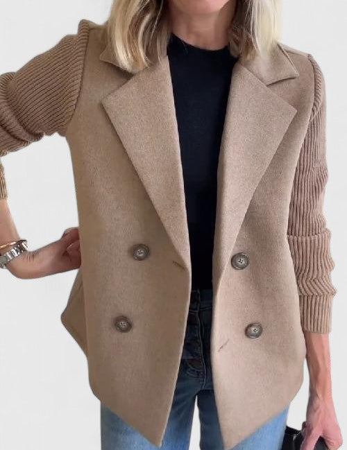 Eleanor Whitmore | Pink Double-Breasted Blazer with Contrast Knit Sleeves