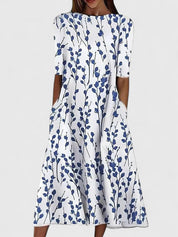 Celeste Wyndmore | Blue Floral Print Midi Dress with Short Sleeves