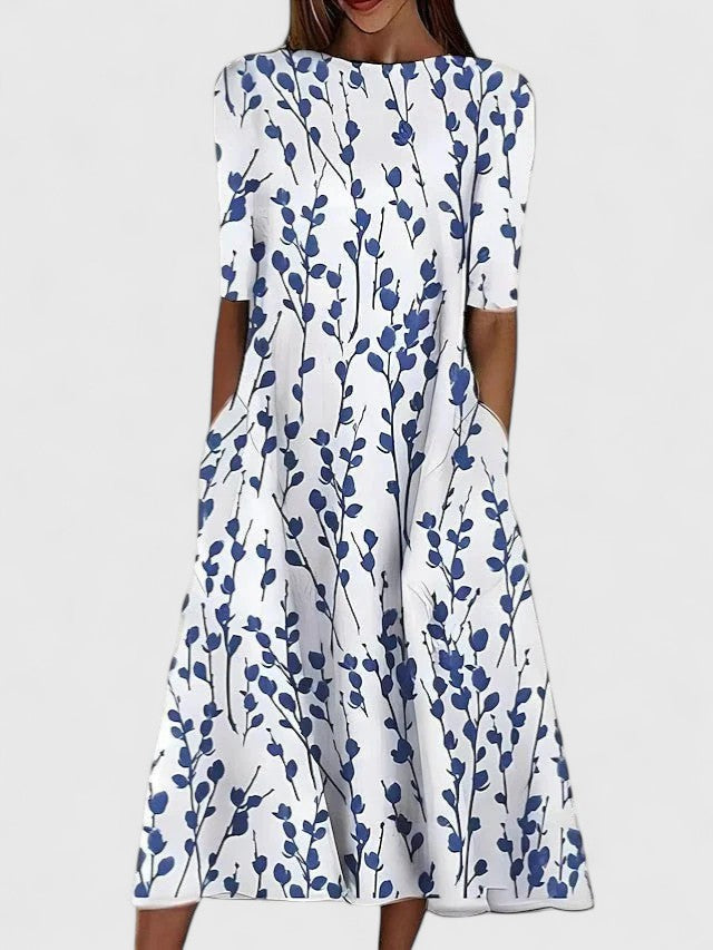 Celeste Wyndmore | Blue Floral Print Midi Dress with Short Sleeves