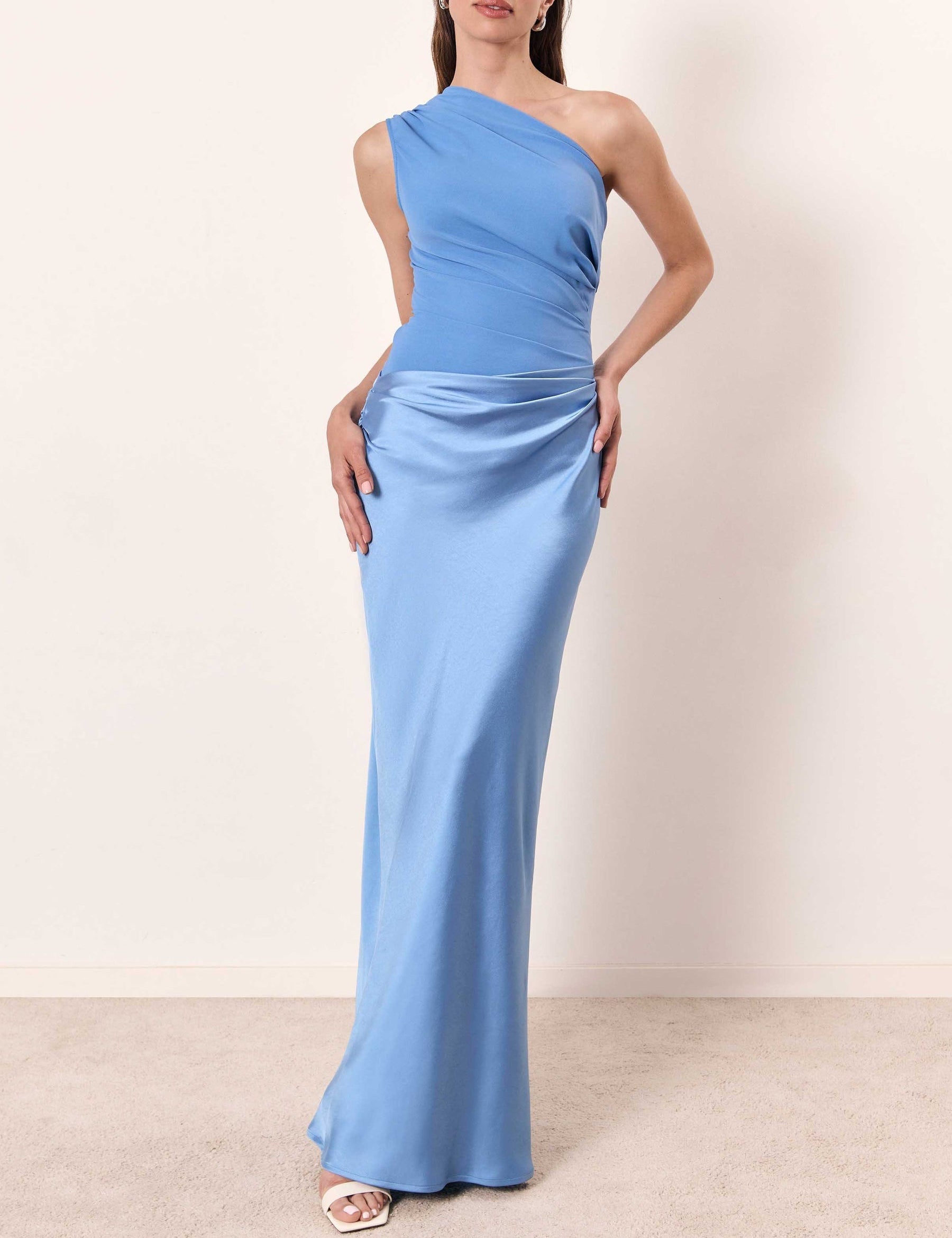 Vivienne Caldecourt | Brown One-Shoulder Pleated Satin Maxi Dress