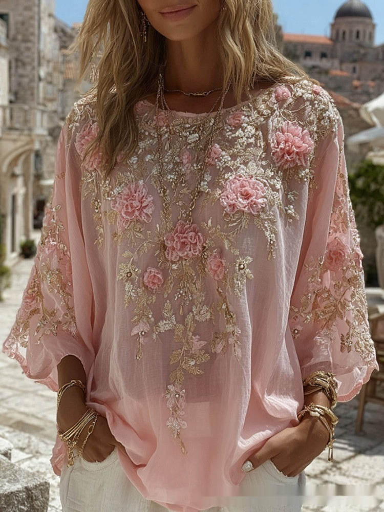 Aurora Delvigne | Rose-Embroidered Bohemian Blouse For Women