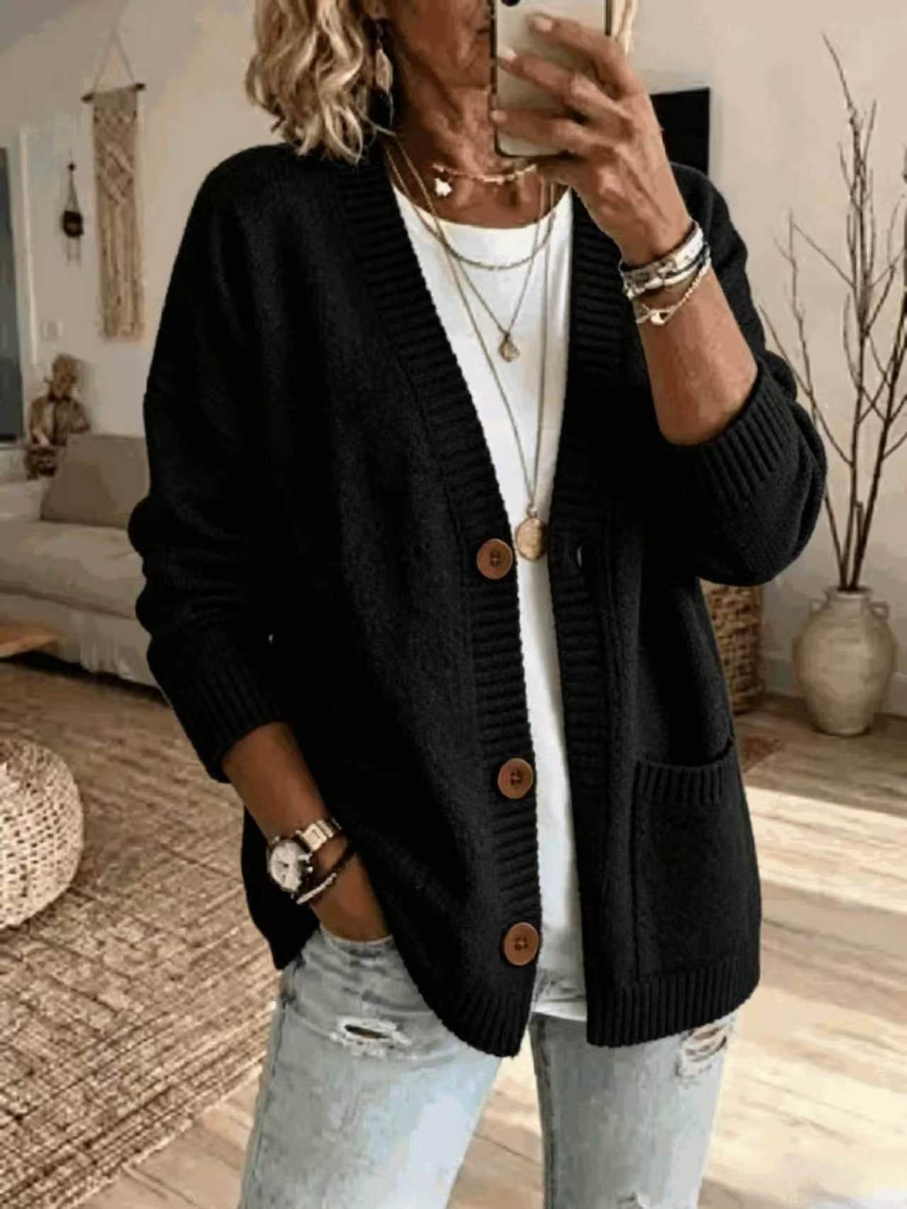 Aurora Pendleton | Oversized V-Neck Button Knit Cardigan For Women