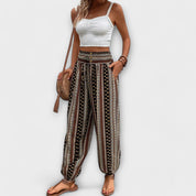 Giselle Tamberlaine | Boho Ethnic Print Smocked Waist Harem Pants
