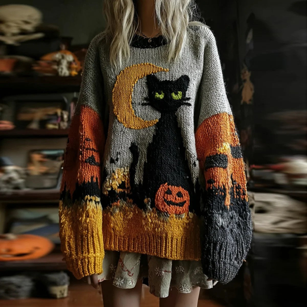 Marceline Duvall | Halloween Cat Print Chunky Knit Sweater For Women