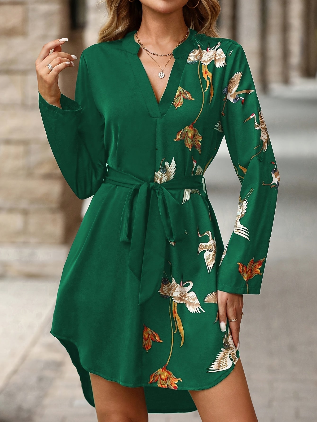 Émilie Sarrault | Belted Crane Print Mini Shirt Dress