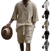 Tanner Ironwood | White Cable Knit T-Shirt & Shorts Set For Men