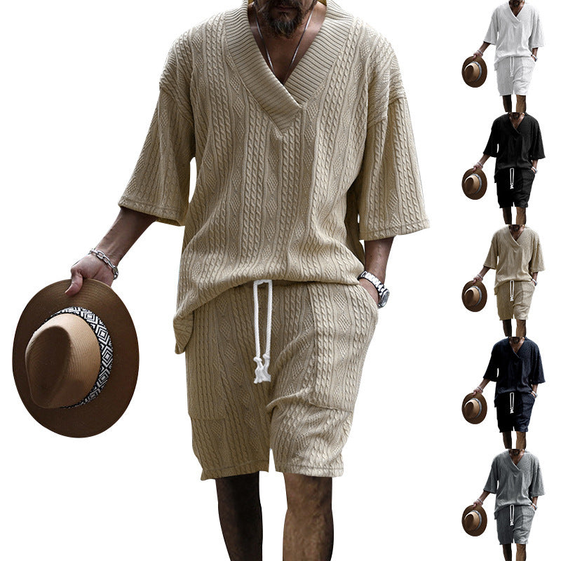 Tanner Ironwood | White Cable Knit T-Shirt & Shorts Set For Men
