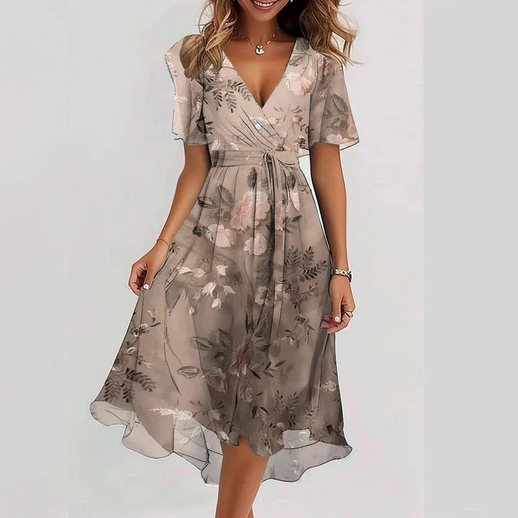 Ellinor Beauvais | Green Floral Chiffon Midi Wrap Dress