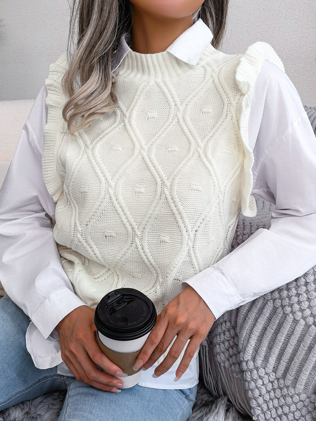 Yvette Bellamont | Ruffled Diamond Knit Sweater Vest For Women