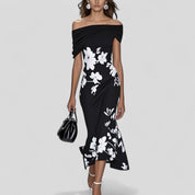 Celeste Normandy | Green Floral Off-Shoulder Midi Dress
