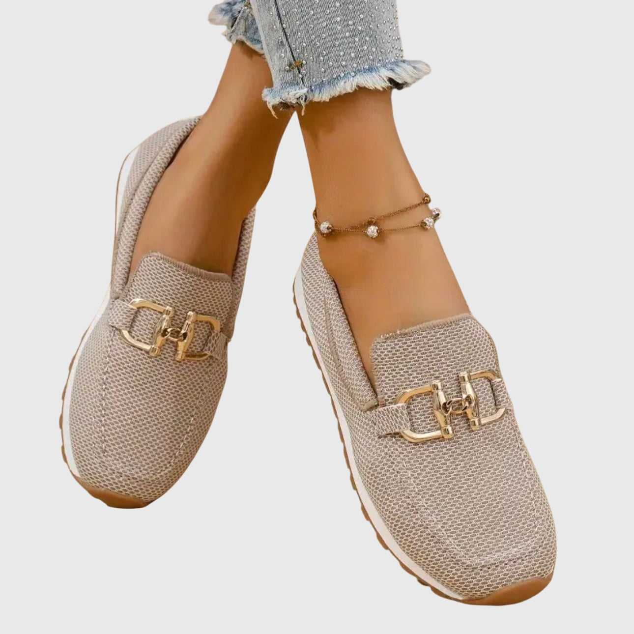 Seraphelle Dunbridge | Beige Mesh Slip-On Loafer Sneaker with Gold Horsebit