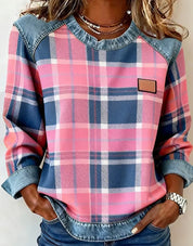 Jessie Belwell | Plaid Denim-Look Patchwork Sweatshirt For Women