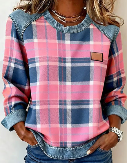 Jessie Belwell | Plaid Denim-Look Patchwork Sweatshirt For Women