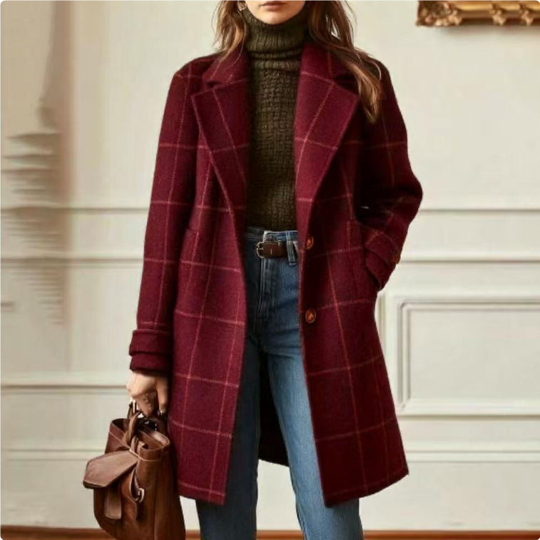 June Henfield | Plaid Notch Lapel Mid-Length Coat For Women